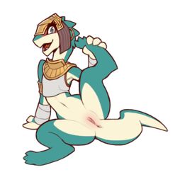 anthro anus armlet armor armpits bandage bottomless clothed clothing ever_oasis feet female green_skin holding_feet miura nintendo presenting presenting_anus presenting_pussy pussy questionablecactus scalie smile solo video_games