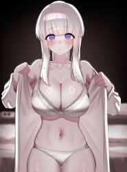 blue_archive blush collarbone collared_shirt crying empty_eyes female female_only large_breasts lingerie looking_at_viewer midriff navel noa_(blue_archive) open_shirt smile