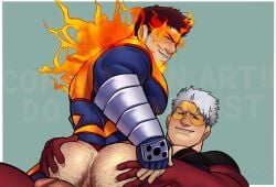 2boys ass_hair bara boku_no_hero_academia commentary cross_scar endeavor_(boku_no_hero_academia) english_commentary fangs fiery_hair goggles grey_hair grin hand_on_another's_ass highres lamasart llamasart looking_back male_focus multiple_boys penis red_hair scar scar_on_cheek scar_on_face smile spreading_another's_ass superhero_costume vlad_king_(boku_no_hero_academia)