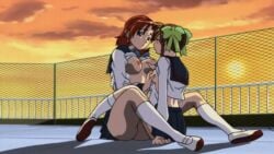00s 2004 2girls animated animated_gif ass black_gate black_gate_kan_in_no_gakuen, blue_bow blue_bowtie blush bow bowtie bra braid breasts brown_hair clothes_lift ear_piercing earrings evening female female_only fence fingering grabbing_another's_breast green_bow green_eyes groping groping_breast hair_bow hair_ribbon hasegawa_koyuki jewelry katsuragi_fuu kneehighs large_breasts legs_around_waist light_brown_hair lowres masturbation moaning multiple_girls mutual_masturbation nipples open_clothes open_mouth outdoors piercing pleated_skirt purple_eyes red_hair ribbon ribbon_hair_ornament school school_rooftop school_uniform shirt shirt_lift shoes size_difference skirt small_female sock socks stud_earrings sun tagme tall_female twin_braids unworn_bra uwabaki white_bra white_shirt yuri