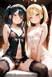 2girls ai_generated bedroom black_hair black_lingerie blonde_hair blue_eyes green_eyes horny_female liltigerx lingerie nipples nipples_visible_through_clothing original original_character panties seductive_smile sitting sitting_on_bed small_breasts small_nipples smaller_female smirking_at_viewer spread_legs spreading thighhighs thighs touching_pussy twins twintails white_lingerie