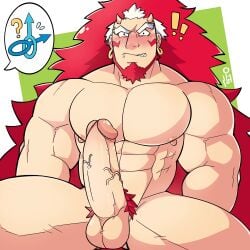 balls bara beard blush boner erection facial_hair horns long_hair male male_only muscles muscular nude penis red_hair right_(yomi_no_tsugai) solo solo_male spread_legs tawan.lupin yomi_no_tsugai