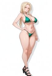 1girls ai ai_art ai_generated alternate_costume big_breasts bikini bikini_bottom bikini_top blonde_hair bra breasts female female_focus female_only front_view full_body green_bikini green_bikini_bottom green_bikini_top green_swimsuit light-skinned_female light_skin long_hair looking_at_viewer mature mature_female naruto naruto_(series) sandals sexy simple_background slim_girl solo solo_female solo_focus standing swimsuit thong thong_bikini tsunade two_piece_swimsuit voluptuous voluptuous_female white_background