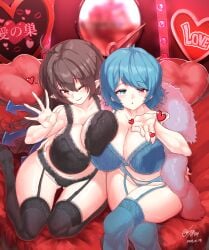 2girls ass_visible_through_thighs asymmetrical_wings bed big_breasts black_bra black_hair black_lingerie black_panties black_thighhighs blowing_kiss blue_bra blue_eyes blue_hair blue_lingerie blue_panties blue_thighhighs blue_wings bra breast_press cleavage come_hither crossed_legs duo ears female female_only fur_trim garter_belt garter_straps grabbing_another's_ass heart-shaped_pillow heart_pillow heart_symbol heterochromia huge_breasts karakasa_obake kogasa_tatara large_breasts lingerie lingerie_only long_hair looking_at_viewer nue_houjuu panties red_bed_sheet red_eyes red_wings sharp_ears short_hair sitting smile smile_at_viewer source_deleted stockings sunnysideup tagme thick_thighs thigh_highs thighs touhou underwear unusual_wings waving waving_at_viewer wide_hips wide_thighs wings wink youkai