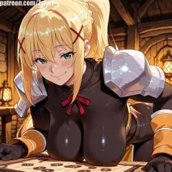adult ai_generated anime armor blonde_hair blue_eyes blush breastplate cape darkness detailed_armor fantasy female full_body gloves knight konosuba lalatina_dustiness_ford large_breasts long_hair looking_at_viewer medieval_fantasy noble ponytail shield smiling solo standing sword thighhighs