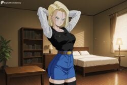 1girl ai_generated android_18 arms_behind_head arms_up bed bedroom belt black_thighhighs blonde_hair blue_eyes blue_skirt blush bookshelf breasts denim denim_skirt digitalwaifugallery dragon_ball earrings hi_res high_quality high_resolution indoors jewelry lamp large_breasts long_sleeves patreon patreon_username seductive sexy shirt shirt_tucked_in short_hair skirt solo striped_shirt thighhighs uncensored watermark window