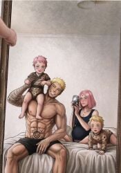 2boys 2girls abs blonde_hair body_markings boruto:_naruto_next_generations boruto_(series) child couple father_and_child father_and_daughter father_and_son haruno_sakura highres husband_and_wife mother_and_child mother_and_daughter mother_and_son multiple_boys multiple_girls muscular muscular_male narusakuart1 naruto_(series) parent_and_child phone picture_frame pink_hair pregnant taking_picture uzumaki_naruto