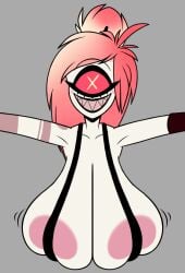 1_eye 2025 arm_tattoo big_breasts breasts cherri_bomb_(hazbin_hotel) clothed clothing cyclops demon demon_humanoid female female_only grey_background hair hazbin_hotel hellaverse hi_res humanoid looking_at_viewer lt03official pink_hair red_eyes sharp_teeth simple_background sling_bra smile solo tattoo teeth white_body