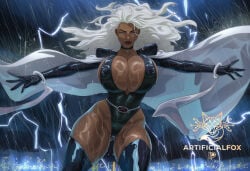 1girl ai_generated artificialfox black_gloves black_legwear blue_eyes bracelet breasts cape cleavage curvy dark_skin floating_hair gloves huge_breasts jewelry leotard lips lipstick long_hair makeup marvel outstretched_arms rain solo spread_arms storm_(x-men) superhero thick_thighs thighhighs thighs white_hair