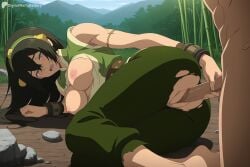 1boy 1girl ai_generated armlet ass avatar_the_last_airbender bamboo black_hair breasts breasts_out clothed_female_nude_male clothed_sex digitalwaifugallery forest grey_eyes hair_between_eyes hairband hetero hi_res high_quality high_resolution large_breasts long_hair lying medium_breasts nature nipples nude on_side open_mouth outdoors pants patreon patreon_username penis pussy rock seductive sex sexy shirt sleeveless solo_focus toph_bei_fong torn_clothes torn_pants uncensored vaginal watermark web_address