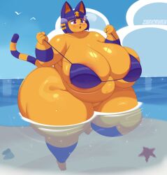 accessory animal_crossing ankha_(animal_crossing) anthro areola areola_slip belly belly_overhang big_belly big_breasts big_butt bikini bikini_top blue_hair blush bodily_fluids bound breast_squish breasts bubble_butt butt cat_tail cleavage clothed clothing domestic_cat feet felid feline felis female folds genitals glistening glistening_body hair half_naked hi_res holding_object huge_breasts huge_butt huge_thighs hyper hyper_butt hyper_thighs mammal navel nintendo open_mouth overweight overweight_female partially_submerged purple_eyes sand sea shy sky small_feet solo squish steamy_breath sweat sweatdrop swimwear thick_thighs tied_bikini tiptoes two-piece_swimsuit vulva water wet wet_body wide_hips wobble yellow_body zariorwen