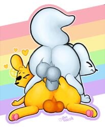 anal anal_penetration anthro balls big_balls big_butt big_penis brother_(lore) brothers_(lore) butt darkened_balls darkened_genitalia digital_media_(artwork) duo eyes_closed flower_accessory genitals heart_symbol hi_res incest_(lore) male male/male male_penetrated male_penetrating male_penetrating_male monk_(rain_world) motion_lines one_eye_closed pawpads paws penetration penis pincoosh rain_world rainbow rainbow_background sex sibling_(lore) signature simple_background slugcat survivor_(rain_world) tail videocult