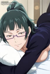 1girl ai_generated anime anime_style black_jacket breast_press breasts brown_eyes closed_mouth glasses green_hair hentai hi_res high_ponytail indoors jacket jujutsu_kaisen large_breasts long_hair long_sleeves looking_at_viewer lying maki_zenin mystic_maidens on_bed on_stomach pantyhose patreon pillow ponytail school_uniform semi-rimless_eyewear smile solo zenin_maki