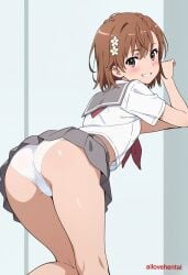 1girls ai_generated ass ass_focus bare_back bare_shoulders blush bra breasts brown_hair covering covering_breasts crossed_arms female female_only from_behind hair_ornament hairclip hi_res indoors lingerie lingerie_only misaka_mikoto panties short_hair shoulder_blades sideboob small_breasts solo standing teenage_female teenager thighs to_aru_kagaku_no_railgun to_aru_majutsu_no_index underwear underwear_only young young_female