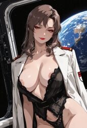 ai_generated brown_hair gundam gundam_seed inside_spaceship long_hair looking_at_viewer mature_female military_uniform murrue_ramius shiny_hair shiny_skin space spacecraft spaceship