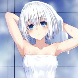 bathroom blue_eyes blushing date_a_live drying_hair drying_own_hair eyebrows eyebrows_visible_through_hair looking_at_viewer pinterest shoulder_length_hair tobiichi_origami towel_only towel_over_breasts water water_drops water_on_body water_on_breasts white_hair white_towel
