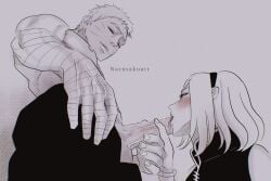 1boy 1girl artist_name bandaged_arm bandages blush boruto:_naruto_next_generations boruto_(series) erection fellatio haruno_sakura hetero highres large_penis licking licking_penis looking_at_another monochrome muscular muscular_male narusakuart1 naruto_(series) oral penis short_hair signature spiked_hair testicles uzumaki_naruto veins veiny_penis