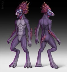 3_fingers 3_toes abs alien animal_genitalia anthro arm_feathers arm_tuft avian avian_caruncle barakkuda beak breasts butt colored digitigrade feather_hair feathered_crest feathers feet female female_anthro fingers genital_slit genitals gradient_background grey_body grey_scales halo_(series) head_crest hi_res kig-yar microsoft model_sheet muscular muscular_anthro muscular_female non-mammal_breasts nude on'tari_(novera) pseudo_hair pupils red_body red_feathers scales scalie scuted_feet scuted_hands scutes short_tail simple_background slit_pupils small_breasts solo standing t'vaoan tail tail_feathers toes tuft xbox_game_studios yellow_eyes