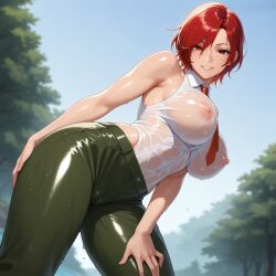 1girls ai_generated big_breasts clothed clothed_female female female_only huge_breasts king_of_fighters light-skinned_female light_skin looking_at_viewer pale-skinned_female pale_skin pants pov pussy red_eyes red_hair shirt short_hair thick tight_pussy vanessa_(kof) wet wet_breasts wet_tits white_shirt
