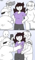 1girls 2koma blush brown_hair cleavage cleavage_cutout fat_male glasses groping groping_breasts groping_from_behind hands_on_hips happy imminent_rape jaiden jaiden_animations jaidenanimations minmiarts multiple_boys sexual_assault sexual_harassment shirt speech_bubble ugly_bastard white_skin worried worried_expression