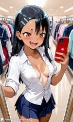 1girls ai_generated breasts casual casual_nudity cleavage covered_nipples encoder female female_only hayase_nagatoro indoors mirror mirror_selfie nipples no_bra please_don't_bully_me,_nagatoro public public_nudity school_uniform selfie shirt shop skirt smartphone solo standing store taking_picture tanlines uncensored