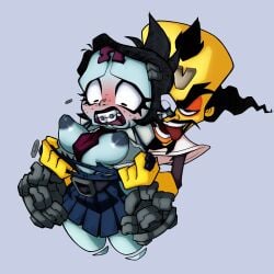 1boy 1girl 1girls assisted_exposure bald belt black_eyes black_hair blank_eyes bloodshot_eyes blue_skin blue_skirt blush breasts breasts_out clothing collared_shirt colored_sclera colored_skin constricted_pupils cowboy_shot crash_(series) cropped_legs dark_nipples dress facial_hair female grey_background hetero inverted_nipples jupiterorange medium_breasts miniskirt multicolored_skin mustache necktie neo_cortex nina_cortex nipples no_pupils nose_blush open_clothes open_mouth open_shirt orange_skin perky_breasts pleated_skirt ponytail puffy_nipples purple_necktie red_necktie school_uniform screw shirt shirt_tucked_in short_hair short_necktie simple_background skirt smile standing sweat tearing_clothes teeth thick_eyebrows tongue tongue_out torn_clothes torn_shirt two-tone_skin undressing_another v-shaped_eyebrows white_shirt white_skin yellow_sclera yellow_skin
