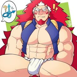 balls bara beard blush bulge facial_hair flaccid fundoshi horns long_hair male male_only muscles muscular penis red_hair right_(yomi_no_tsugai) solo solo_male spread_legs tawan.lupin yomi_no_tsugai