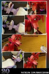 3d_(artwork) accessory animatronic anthro balls big_breasts blender_(artwork) blender_cycles_(artwork) breasts canid canine canis comic digital_media_(artwork) duo ear_piercing english_text erection fan_character fanmade_glamrock_foxy_(fnaf) female five_nights_at_freddy's five_nights_at_freddy's:_security_breach fox genitals glamrock_foxy_(fnaf) glans hair hi_res humanoid_genitalia humanoid_penis licking machine male male/female mammal nipples nude open_mouth oral penile penis penis_lick piercing profanity robot roxanne_wolf scottgames sex simple_background steel_wool_studios tail teeth text tongue url wolf