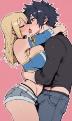 1boy 1girl 1girls ai_generated black-haired_male black_hair blonde-haired_female blonde_hair clothed couple_(romantic) fairy_tail gray_fullbuster intimate lucy_heartfilia rukia_kuchiki sexy