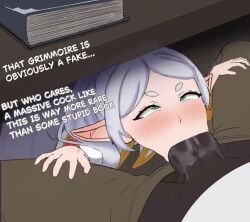 :>= big_penis blowjob dark-skinned_male deepthroat elf elf_female fellatio frieren frieren_beyond_journey's_end light-skinned_female looking_up phantomicious sound tagme text under_the_table video