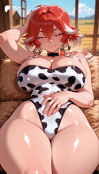 1girl 1girls absurd_res absurdres ai_generated animal_print ass bare_shoulders big_ass big_breasts black_choker blurred_background blurry blurry_background blush breasts cartoon cartoony changli_(wuthering_waves) choker cleavage closed_mouth collar cow_print depth_of_field female female_focus hair_between_eyes half-closed_eyes hand_on_own_stomach hi_res high_quality high_resolution highleg highres large_ass large_breasts leotard long_hair looking_at_viewer lying multicolored_hair odexai on_back one-piece_swimsuit orange_eyes red_hair shiny_skin short_hair small_waist smile solo solo_focus straight strapless swimsuit thick_thighs thighs thin_waist white_hair wide_hips window wuthering_waves