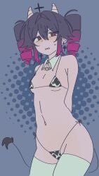 1girls bikini black_hair cow_horns cow_print cow_print_bikini dark_teto female female_focus female_only kasane_teto multicolored_hair mv_character petite petite_body petite_female qna_(utau) red_eyes skinny skinny_female slim_girl slim_waist solo solo_female solo_focus utau utauloid