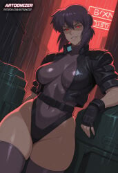 1girls ai_generated artoonizer ass belt big_ass big_breasts breasts female female_focus female_only gauntlets ghost_in_the_shell handwear jacket kusanagi_motoko large_breasts legs_together leotard light-skinned_female light_skin looking_at_viewer narrow_waist navel neon neon_lights outdoors parted_lips patreon patreon_username posing purple_hair rain raining red_eyes shiny_skin short_hair smile smirk solo solo_female solo_focus standing thick_thighs thighhighs tight_clothing