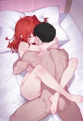 bocchi_the_rock! cum_in_pussy hashiriya6 hug kita_ikuyo leg_lock looking_at_viewer lying_on_bed