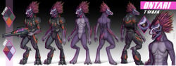 3_fingers 3_toes abs alien animal_genitalia anthro arm_feathers arm_tuft armor avian avian_caruncle barakkuda beak breasts butt clothed clothing colored digitigrade feather_hair feathered_crest feathers feet female female_anthro fingers flat_chested front_view genital_slit genitals grey_body grey_scales gun halo_(series) head_crest hi_res holding_gun holding_object holding_ranged_weapon holding_weapon kig-yar microsoft model_sheet muscular muscular_anthro muscular_female needle_rifle non-mammal_breasts nude nude_female on'tari_(novera) pseudo_hair pupils ranged_weapon rear_view scales scalie scuted_feet scuted_hands scutes short_tail slit_pupils small_breasts solo t'vaoan tail tail_feathers toes tuft weapon xbox_game_studios yellow_eyes