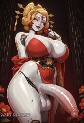 1futa ai_generated android arm_behind_back bare_shoulders blonde_hair breasts cleavage colored_sclera colored_skin cowboy_shot doll_joints erection flower foreskin futanari hair_ornament hair_stick holding holding_flower huge_breasts huge_penis huge_testicles japanese_clothes joints kimono large_breasts large_penis lips lipstick looking_at_viewer makeup metal_skin obi orange_eyes parted_lips pelvic_curtain penis red_dress red_flower red_kimono red_lips reiqunai robot robot_joints sash smile solo standing testicles thick_thighs thighs uncensored veins veiny_penis yellow_eyes