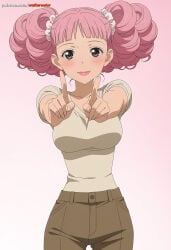 1girls ai_generated blank_background blush blush_lines blushing breasts brown_eyes brown_pants clothed clothing curled_hair curly_hair deviantart_link eyelashes female female_only fully_clothed gradient_background hair_ornament light-skinned_female light_skin lipstick looking_at_viewer medium_breasts medium_hair miwako_sakurada pants paradise_kiss pink_blush pink_eyebrows pink_hair pink_lips pointing_at_viewer smile solo straight_bangs thin_eyebrows twintails twirling_hair watermark