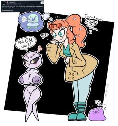 after_transformation alien alternate_species angry arms_crossed arms_crossed_under_breasts bald big_ditt_(chabble) black_sclera burnet_(pokemon) chabble cute ditto female female_only follow_up funny green_eyes grumpy hair_ornament hatterene image_in_thought_bubble orange_hair pokemon post-transformation purple_nipples short sonia_(pokemon) transformation trying_not_to_laugh ufo white_hair