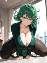 ai_generated alternate_ass_size alternate_body_type alternate_breast_size beautiful beauty bed bedroom breasts clothed clothing female female_focus female_only gigantic_ass gigantic_breasts green_eyes green_hair huge_ass huge_breasts hyper hyper_breasts hyper_butt large_ass large_breasts mommy nagiotoai one_punch_man open_eyes short_hair solo solo_female solo_focus stretched_clothing tatsumaki tight_clothing voluptuous voluptuous_body voluptuous_female