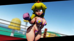 1girls 3d 3d_(artwork) big_breasts bikini blonde_hair blue_eyes boxing boxing_gloves boxing_ring breasts crown curvy earrings female female_focus female_only fighting_ring gloves kabalmystic_(style) large_breasts lips lipstick long_hair mario_(series) nintendo open_mouth pink_bikini pink_boxing_gloves pink_gloves pink_lipstick princess_peach solo solo_female solo_focus thick thick_thighs thighs wide_hips wink