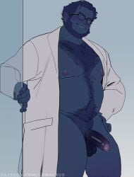 1boy bara beard beast_(x-men) belly blue_fur blue_hair blush elinapires_(lewalrus) english_commentary erection facial_hair fangs foreskin furry furry_male glasses hand_on_own_hip highres lab_coat male_focus marvel nipples open_mouth patreon_username pectorals penis plump precum smile testicles x-men