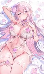 1girls armpits babydoll blush breasts clothed detached_collar detached_sleeves dress elf elf_ears elf_female elf_girl female female_only flower flower_hair_ornament hair_ornament highres large_breasts long_hair lying lying_on_back original panties pink_hair pointy_ears solo solo_female sora_72-iro straight_hair thighhighs