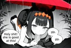ai_generated blowjob eye_contact eye_contact_pov fellatio hands_on_penis hololive hololive_english looking_at_viewer nature_background ninomae_ina'nis pov pov_blowjob purple_eyes purple_hair raining saliva shiny_hair slobber_on_penis speech_bubble thought_bubble virtual_youtuber vtuber