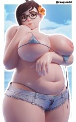 1girls 3d 3d_(artwork) areolae arm_under_breasts big_breasts bikini bikini_bottom bikini_top blue_bikini blue_shorts bottomwear breasts brown_eyes brown_hair chubby chubby_female exposed_breasts eyewear female female_only flower flower_in_hair glasses hair hair_ornament huge_breasts mei_(overwatch) micro_bikini nipples one_breast_out overwatch plump rawgum short_shorts shorts solo solo_female swimwear topwear voluptuous voluptuous_female wardrobe_malfunction wide_hips