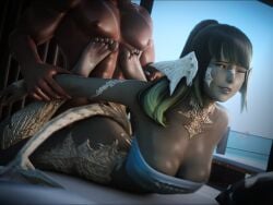 1boy 1girls 3d ambiguous_penetration ass au_ra bottomless breasts breasts_covered dark-skinned_male feet female final_fantasy final_fantasy_xiv greenbean_nsfw interracial long_hair male medium_breasts nude penis prone_bone scales shino_senkatsu soles two-tone_hair