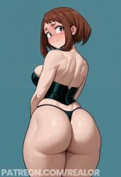 1girl ai_generated big_ass black_thong blush brown_eyes brown_hair cowboy_shot curvy huge_ass looking_away medium_breasts ochako_uraraka patreon_url patreon_username realor rear_view shy simple_background standing thick_thighs