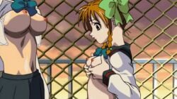 00s 2004 2girls animated animated_gif black_gate black_gate_kan_in_no_gakuen, blue_bow blue_bowtie blush bow bowtie bra braid breast_sucking breasts brown_hair clothes_lift ear_piercing earrings evening female female_only fence grabbing_another's_breast grabbing_own_breast green_bow green_eyes groping groping_breast hair_bow hair_ribbon hasegawa_koyuki jewelry katsuragi_fuu large_breasts licking licking_breast light_brown_hair lowres moaning multiple_girls nipples open_clothes open_mouth outdoors piercing purple_eyes red_hair ribbon ribbon_hair_ornament school school_rooftop school_uniform shirt shirt_lift size_difference small_breasts small_female stud_earrings tagme tall_female twin_braids unworn_bra upper_body white_bra white_shirt yuri
