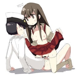 1boy admiral_(kantai_collection) akagi_(kantai_collection) black_hair blush breasts brown_eyes brown_hair censored clothing cum cum_in_pussy cum_inside dokan_(dkn) female femdom hair hat headgear kantai_collection long_hair male military_uniform nipples no_panties open_clothes open_mouth open_shirt penetration penis pussy red_skirt sex shirt skirt skirt_lift spread_legs straight thighhighs vaginal_penetration