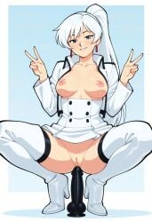 1girls ai_generated areolae blush boots breasts dildo double_v female_only fuck_me_boots high_heel_boots high_heels long_hair looking_at_viewer medium_breasts nipples pussy rwby shaved_pussy shiny_hair shiny_skin smile solo solo_female tagme thigh_boots v v_sign weiss_schnee white_hair
