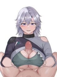 1boy 1girls big_breasts blush boob_window boobjob breasts clothing commission female fiftya girls'_frontline grey_eyes grey_hair large_breasts male paizuri penis sharp_teeth sl8_(girls'_frontline) uncensored
